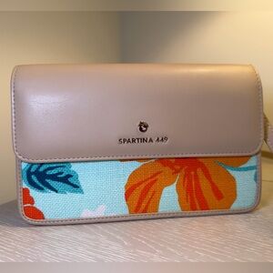 Spartina 449 Hibiscus - Tropical print and Tan Cross Body Flap Bag *Strap wear!*
